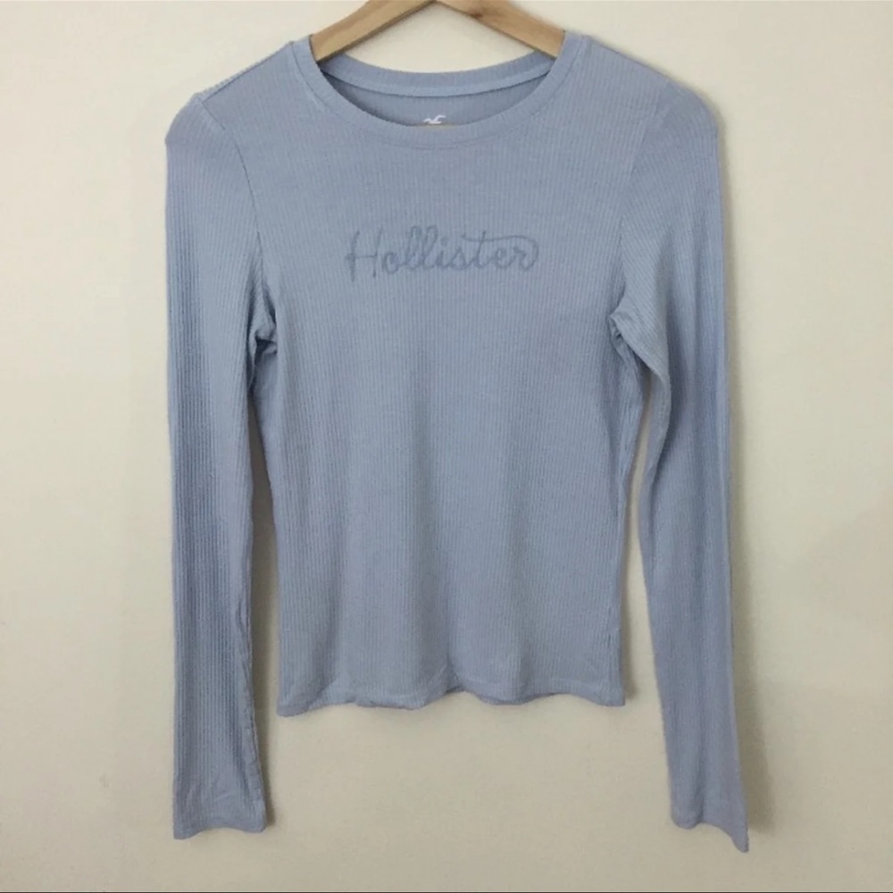 HOLLISTER Light Baby Blue Ribbed Tight Embroidered Long Sleeve Top